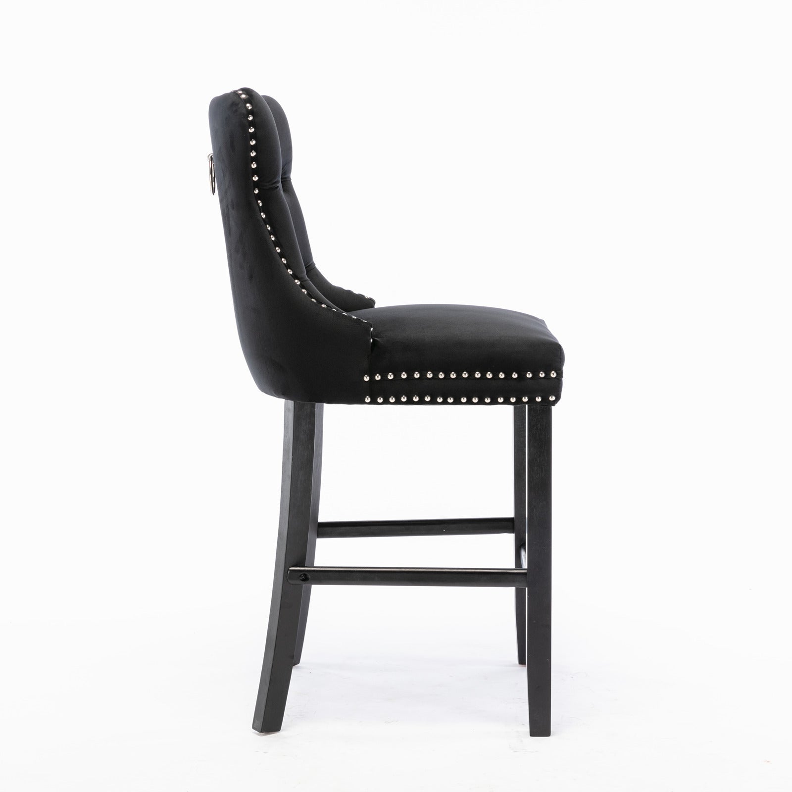 Contemporary Velvet Upholstered Barstools Button Tufted with Wood Legs, Set of 2, Black