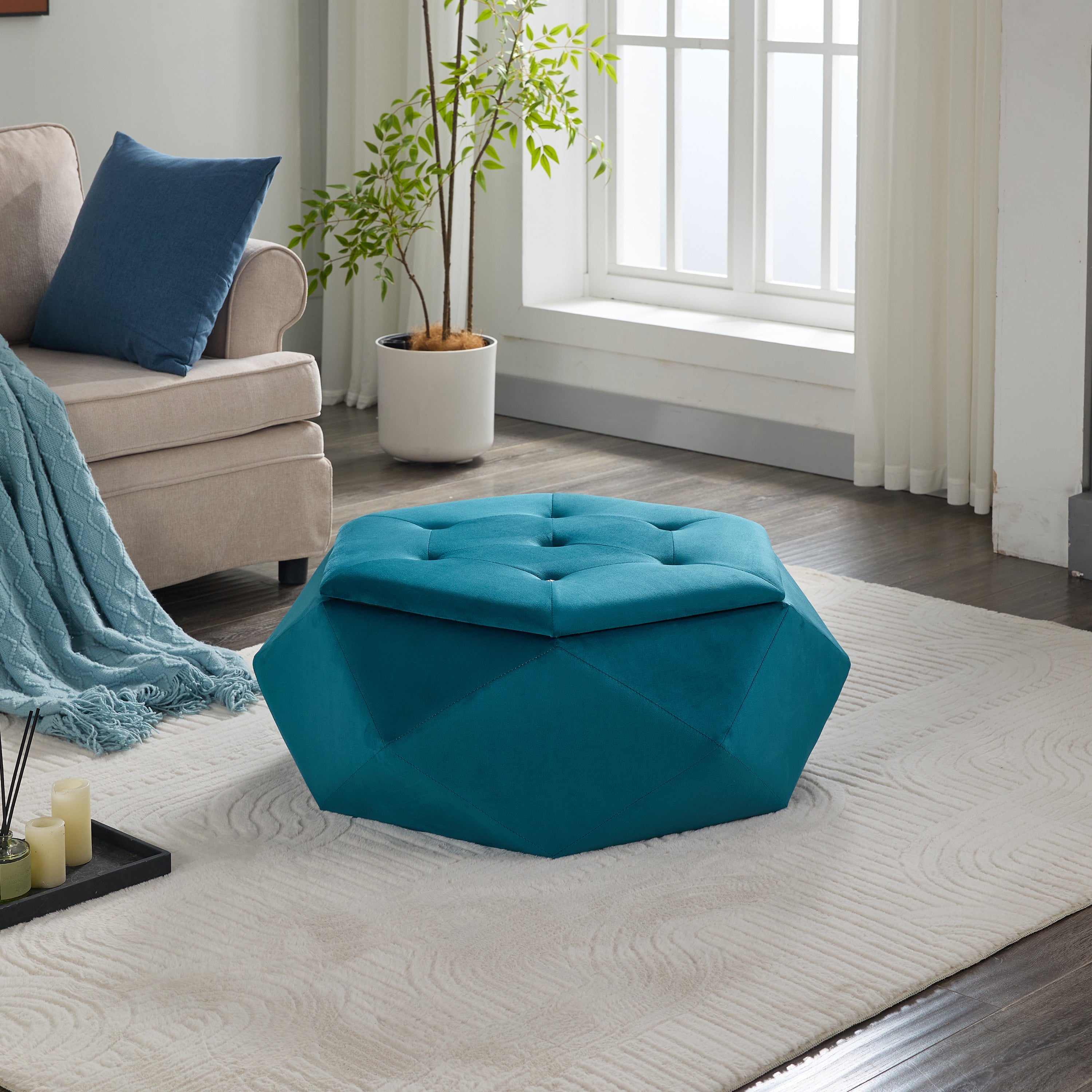 Elegant Velvet Polygon Diamond Tufted Storage Ottoman, Blue