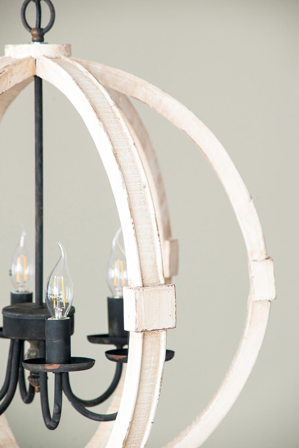 Chandelier Antique Cream 6-Light Pine Wood Iron 22.5 In 26 In