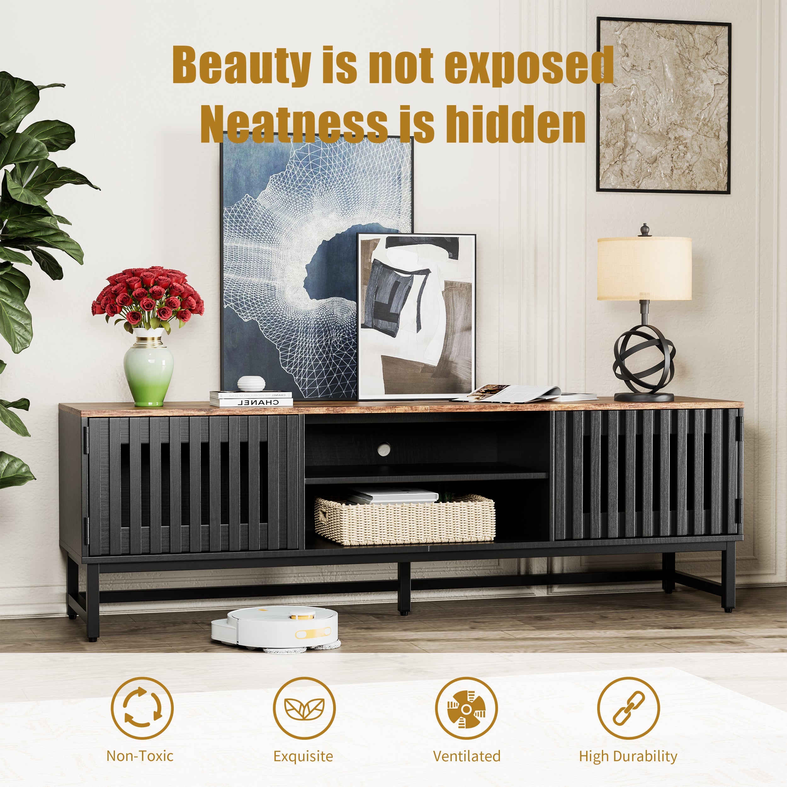 TV Stand Mid-Century Black MDF Slatted Grille Doors 4-Shelf Fits 60 In TV