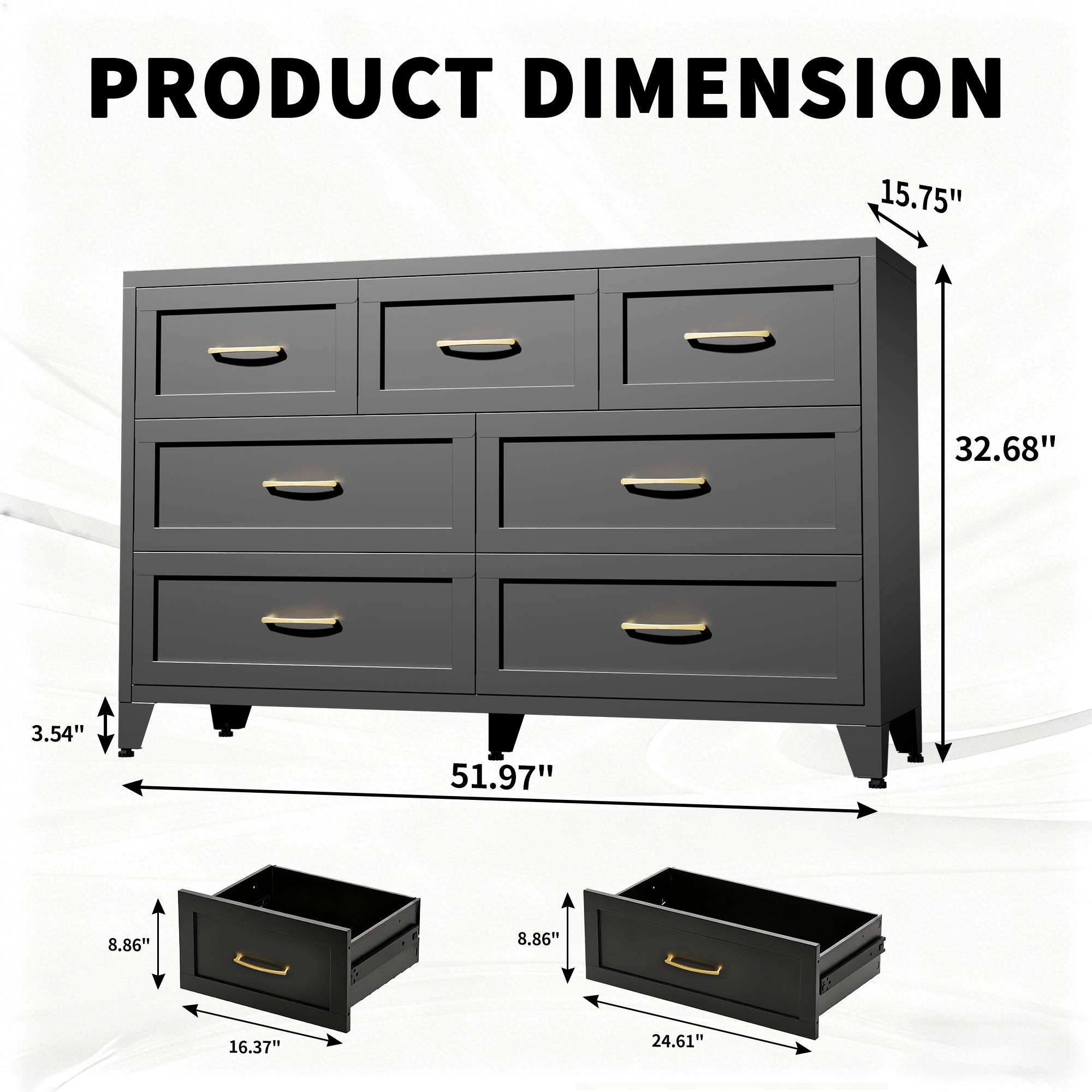 Dresser Low-Profile 7-Drawer Black Steel Smooth Glide 47.3x15.8x30.8 In