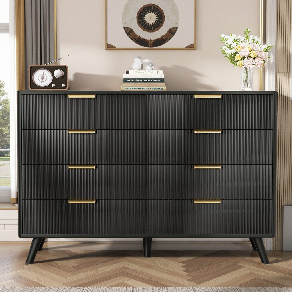 Dresser Boho 8-Drawer Black Particle Board Fluted Wave Relief 47.2x35.4 In