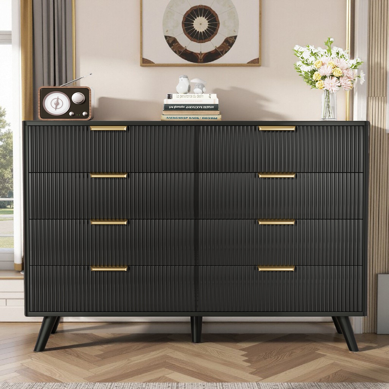 Dresser Boho 8-Drawer Black Particle Board Fluted Wave Relief 47.2x35.4 In
