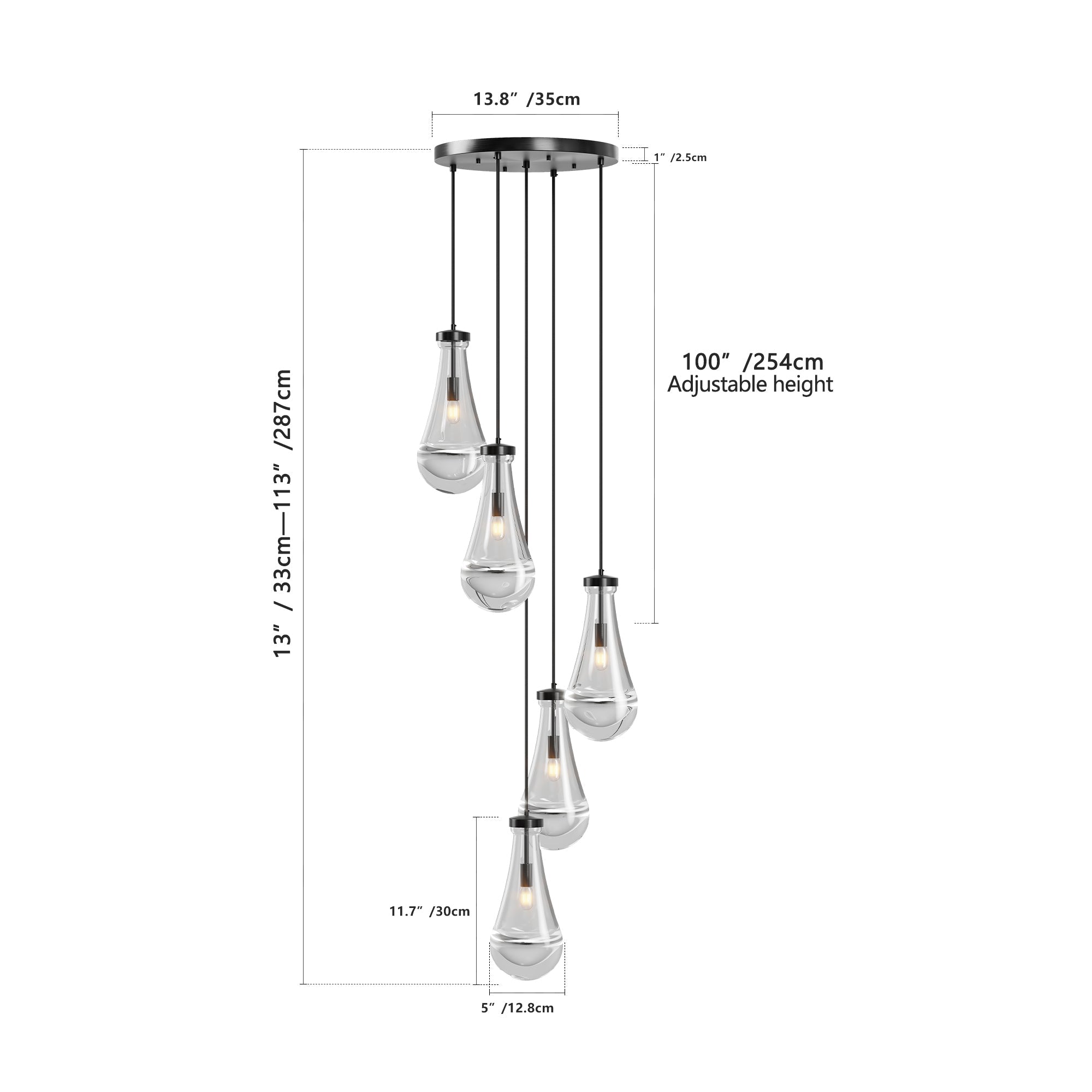 Chandelier 5-Light Cluster Pendant Black High Ceiling Adjustable E12