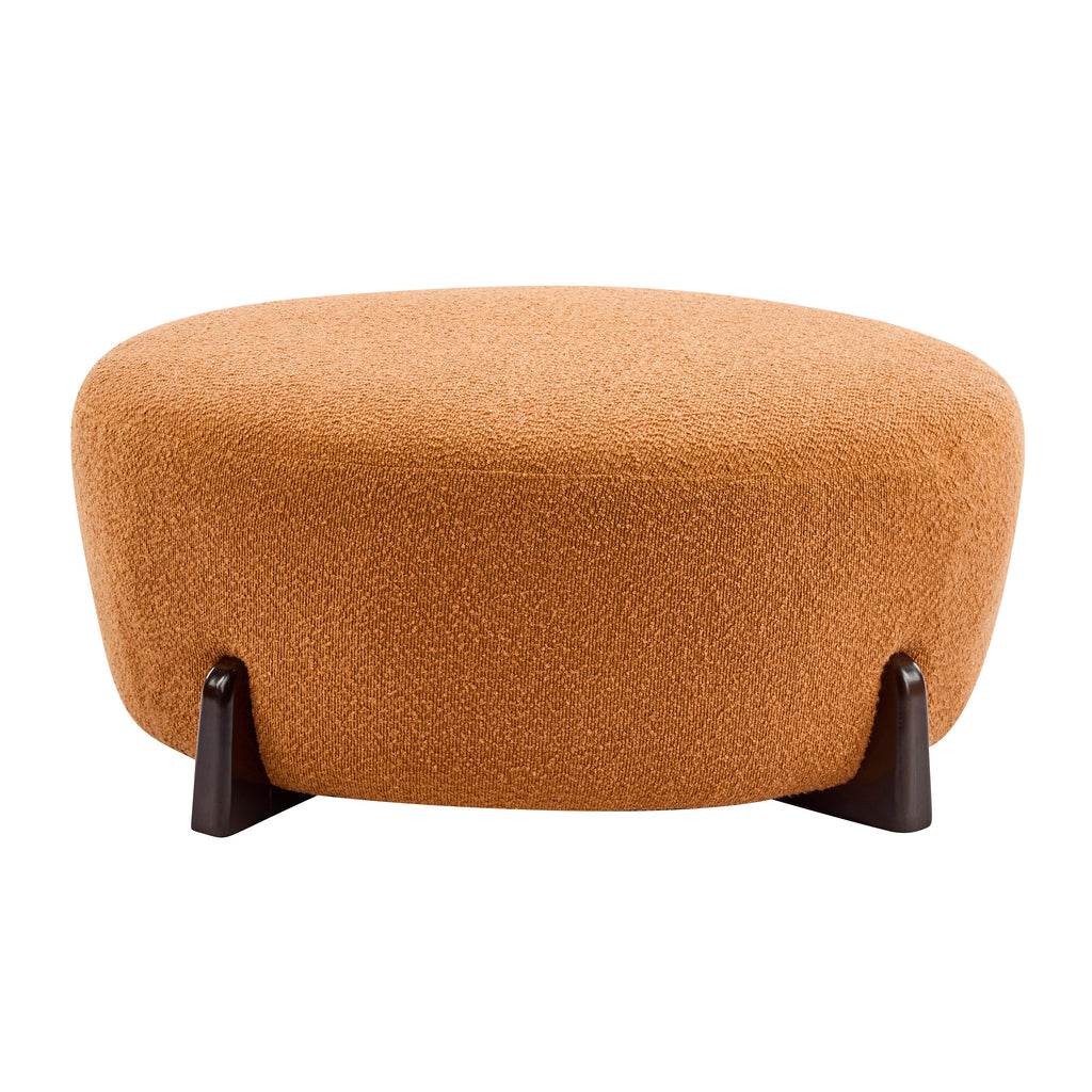 Modish Round Ottoman Boucle Top Splayed Rubberwood Legs, Pumpkin Orange