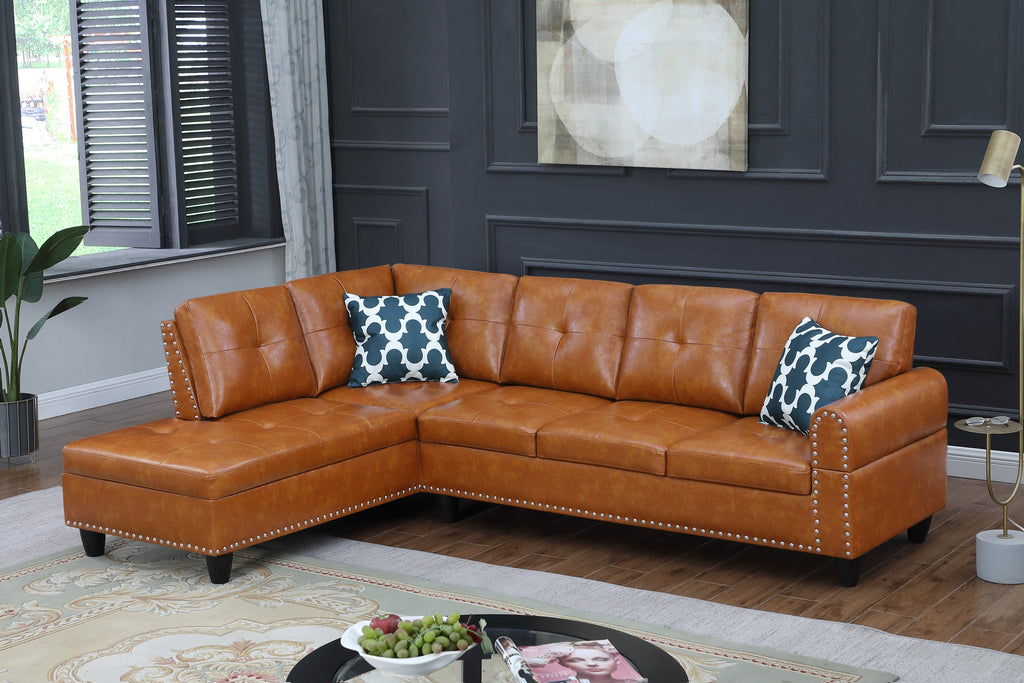 Sectional Sofa L-Shape Faux Leather Ginger 3 Seat Tufted Nailhead