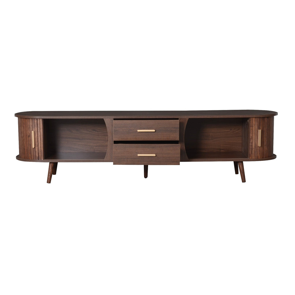 TV Stand Mid-Century Dark Brown Solid Wood Sliding Door Fits 80 In TV 70.8 In