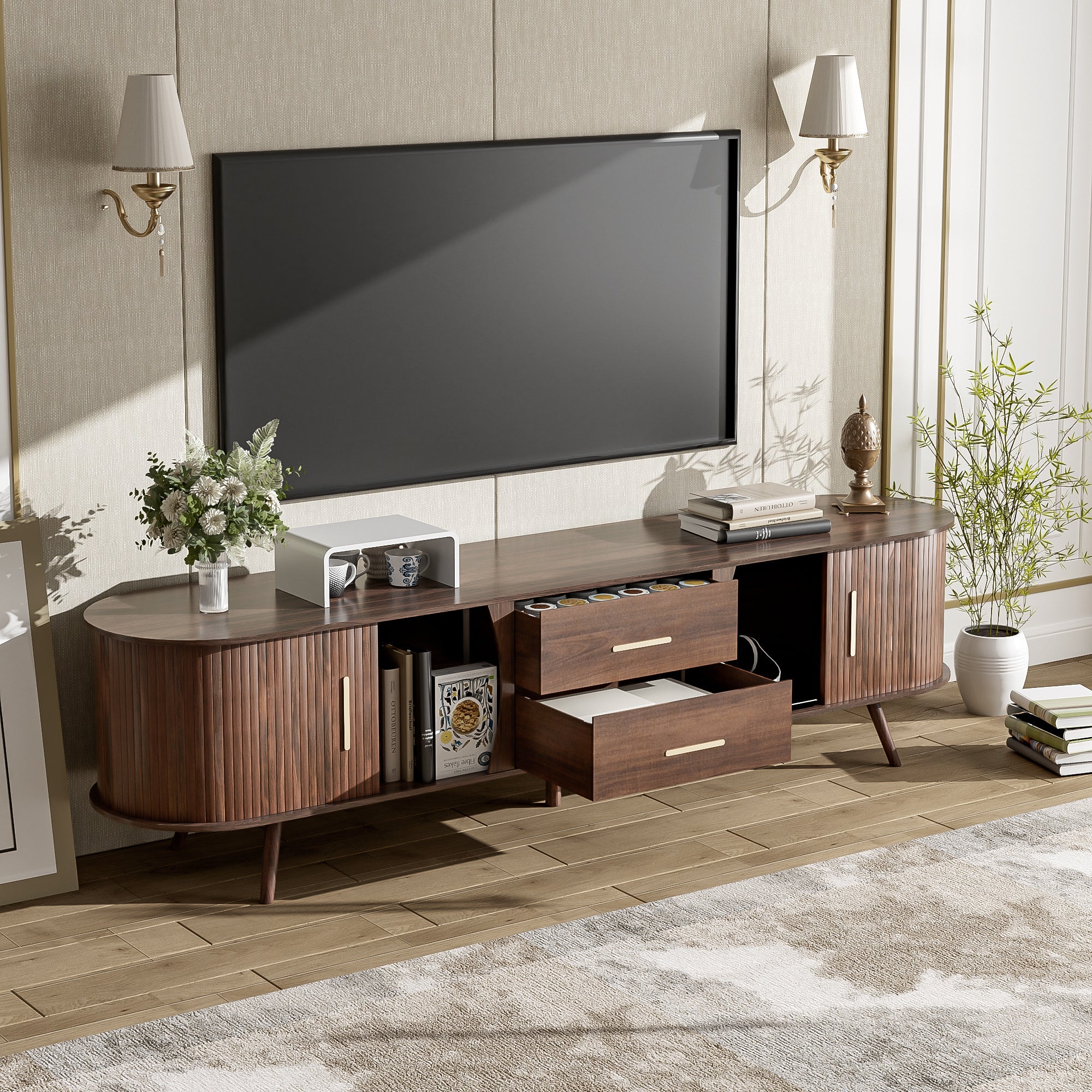 TV Stand Mid-Century Dark Brown Solid Wood Sliding Door Fits 80 In TV 70.8 In