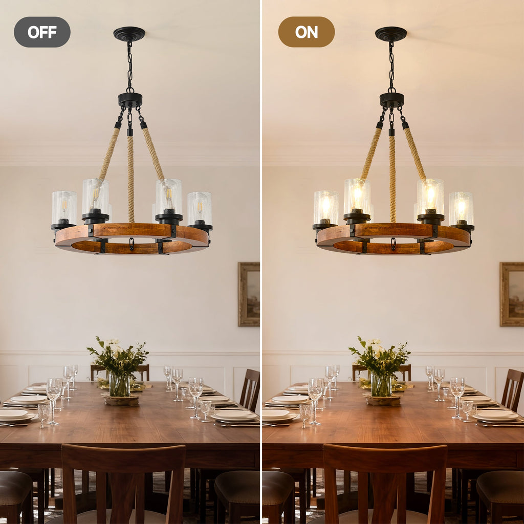 Chandelier Wood Round 6-Light Wagon Wheel Farmhouse Seeded Glass 23.62 In