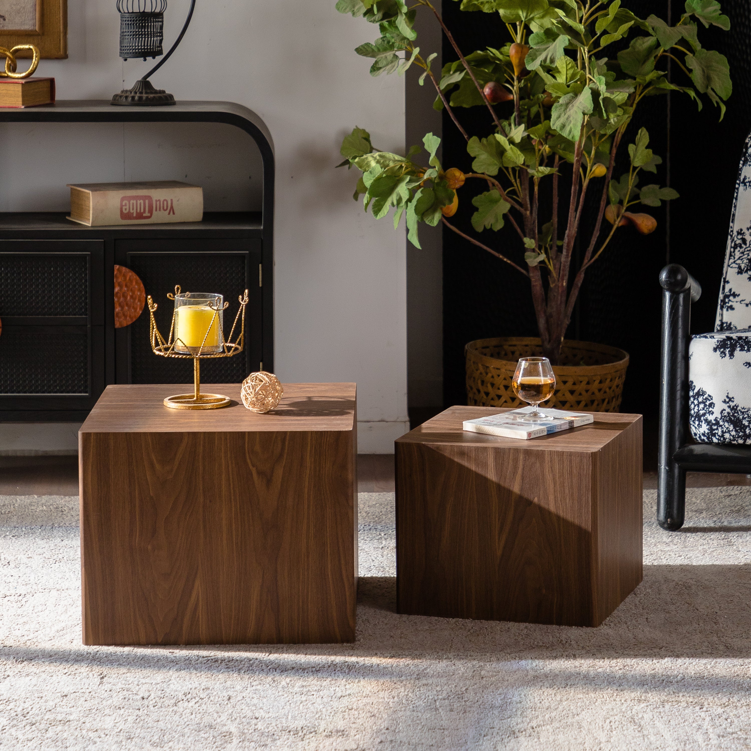 Set of 2 Walnut Cube Nesting Coffee Tables, MDF Wood Grain, Fully Assembled