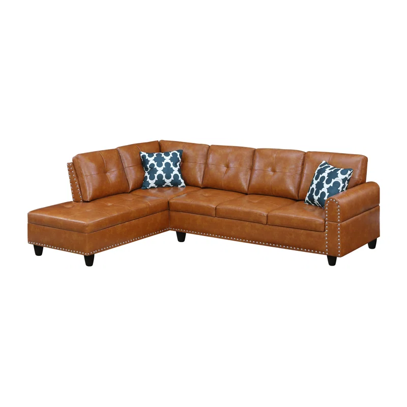 Sectional Sofa L-Shape Faux Leather Ginger 3 Seat Tufted Nailhead