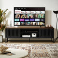 TV Stand Mid-Century Black MDF Slatted Grille Doors 4-Shelf Fits 60 In TV