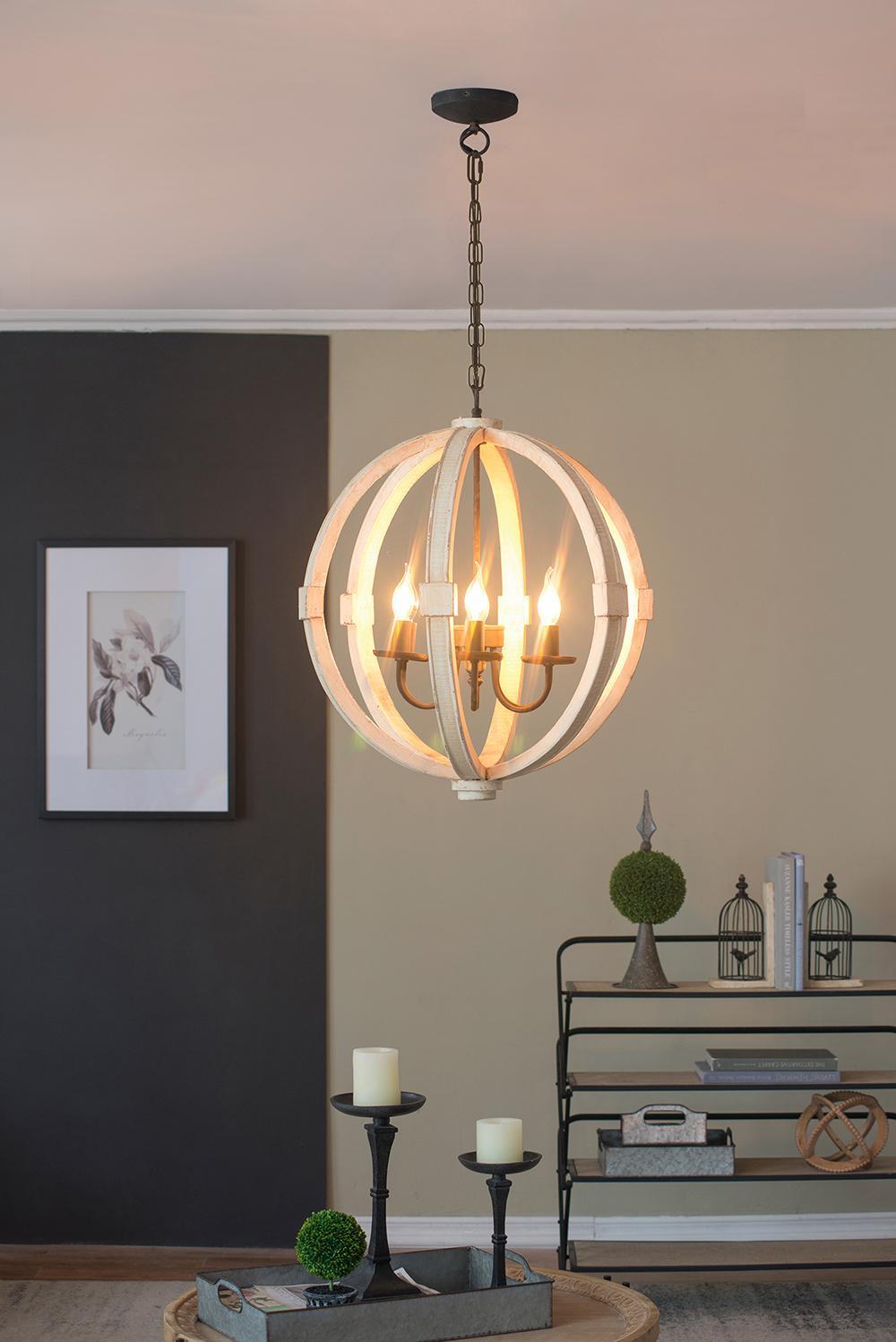 Chandelier Antique Cream 6-Light Pine Wood Iron 22.5 In 26 In