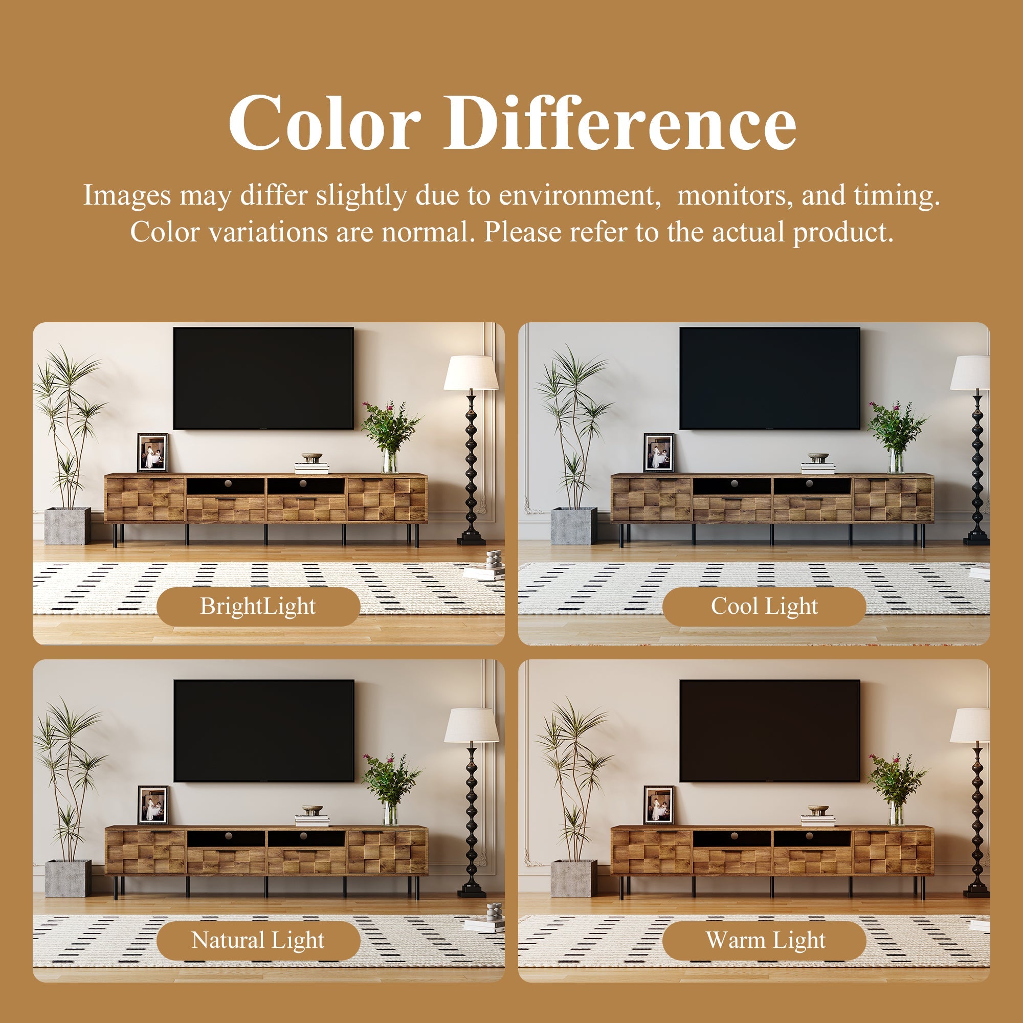 TV Stand Mid-Century Natural Particle Board 2-Drawer Open Storage Fits 85 In TV