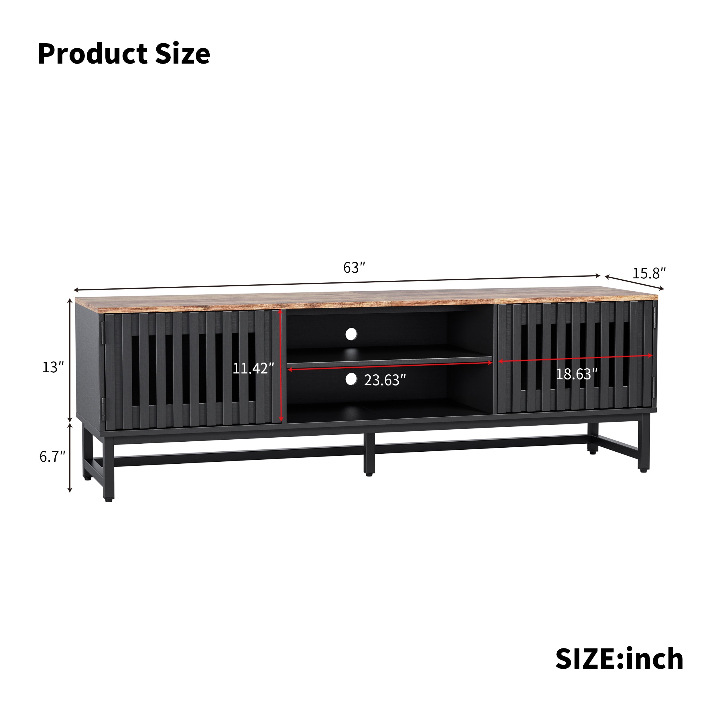 TV Stand Mid-Century Black MDF Slatted Grille Doors 4-Shelf Fits 60 In TV