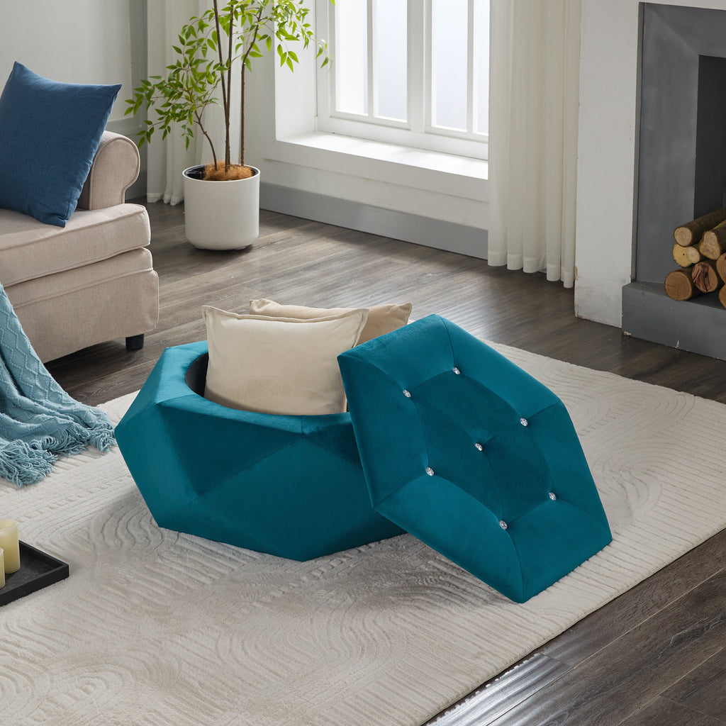 Elegant Velvet Polygon Diamond Tufted Storage Ottoman, Blue