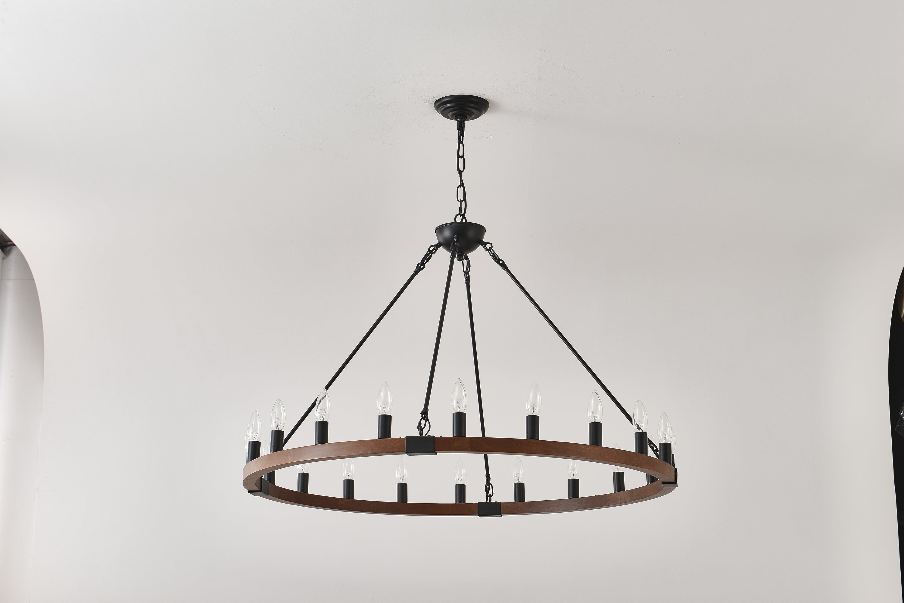 Chandelier Wood Wagon Wheel 20-Light Farmhouse Matte Black 39.3 In
