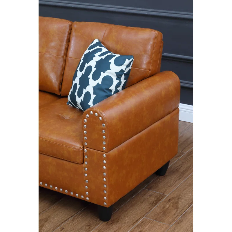 Sectional Sofa L-Shape Faux Leather Ginger 3 Seat Tufted Nailhead