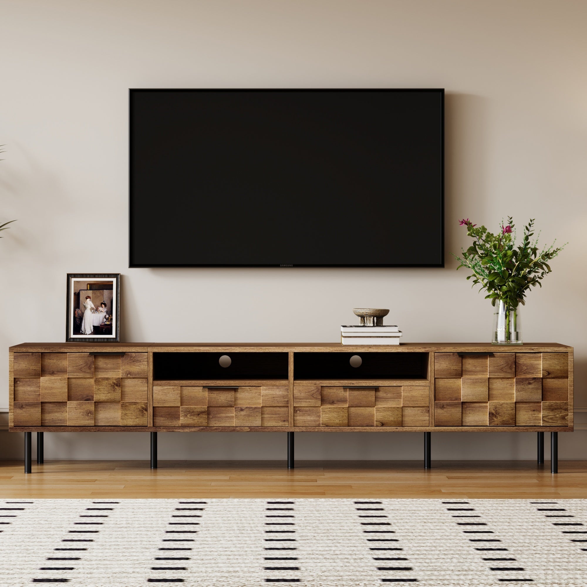 TV Stand Mid-Century Natural Particle Board 2-Drawer Open Storage Fits 85 In TV