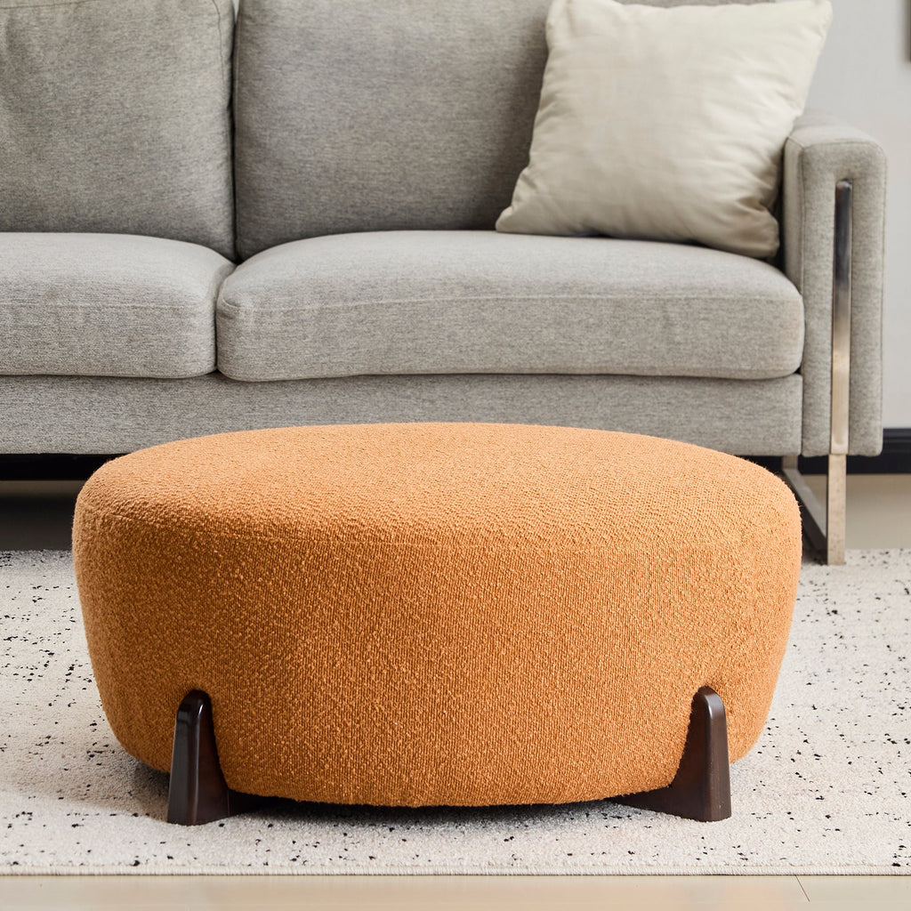 Modish Round Ottoman Boucle Top Splayed Rubberwood Legs, Pumpkin Orange