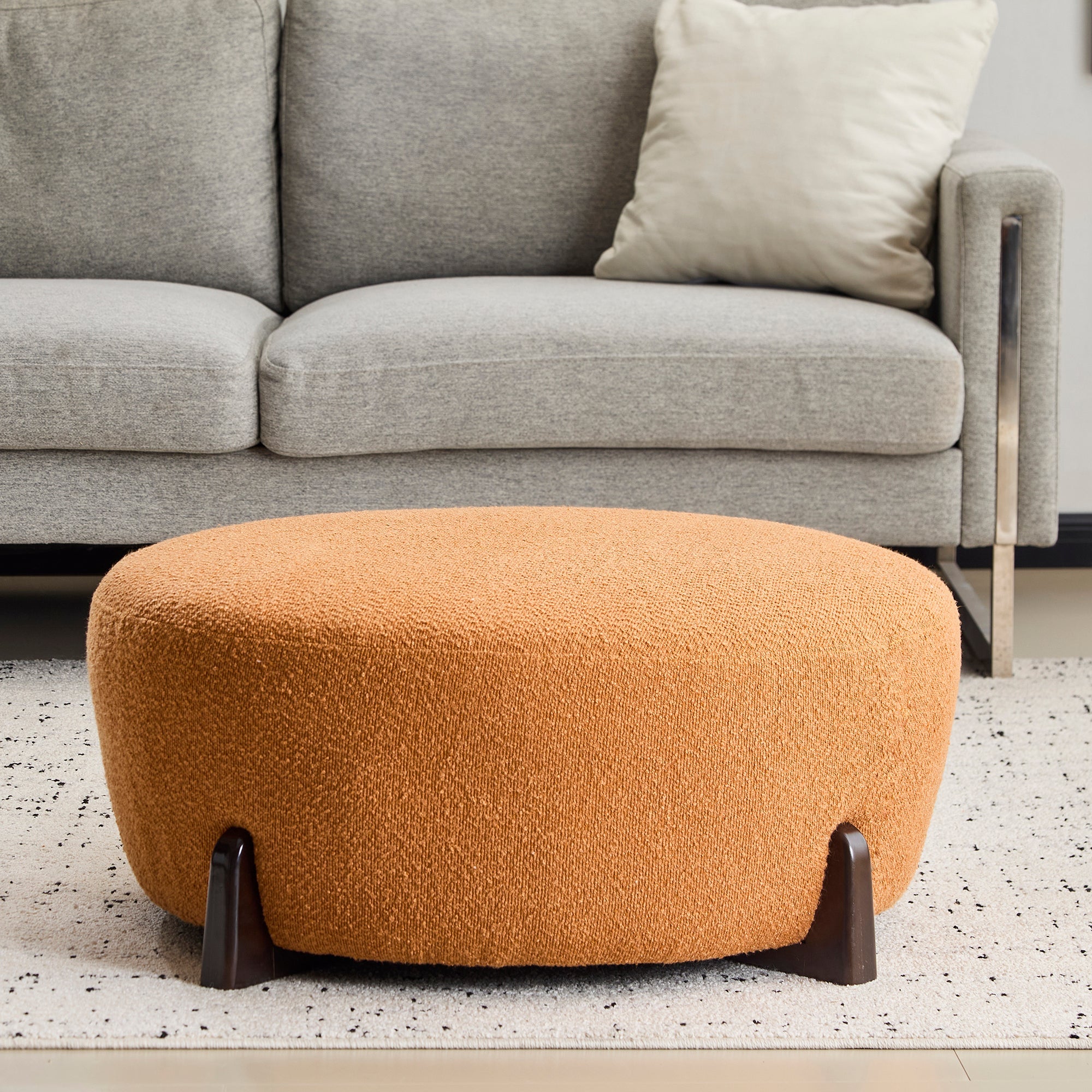 Modish Round Ottoman Boucle Top Splayed Rubberwood Legs, Pumpkin Orange