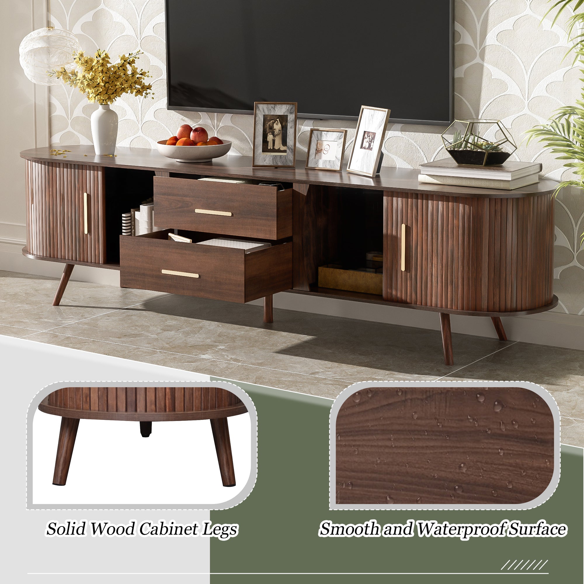 TV Stand Mid-Century Dark Brown Solid Wood Sliding Door Fits 80 In TV 70.8 In