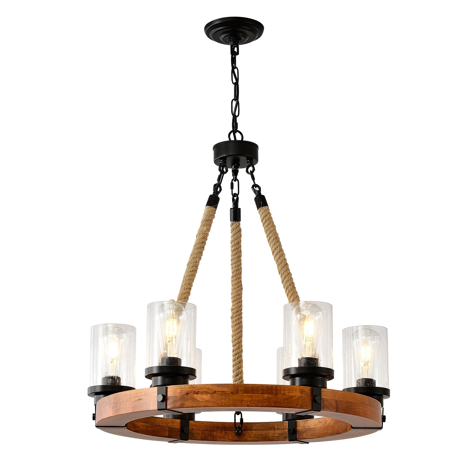 Chandelier Wood Round 6-Light Wagon Wheel Farmhouse Seeded Glass 23.62 In
