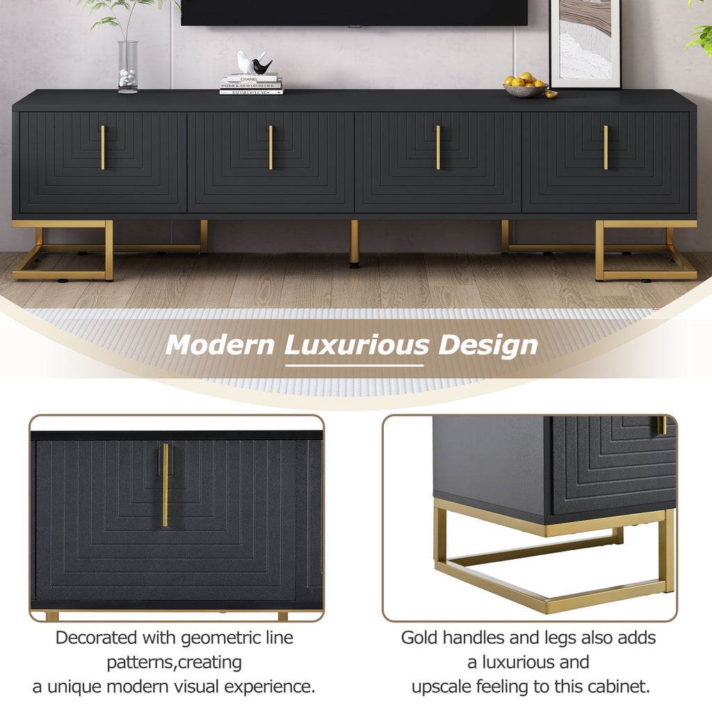 TV Stand Modern Black Gold Geometric Door MDF Adjustable Shelves Fits 80 In