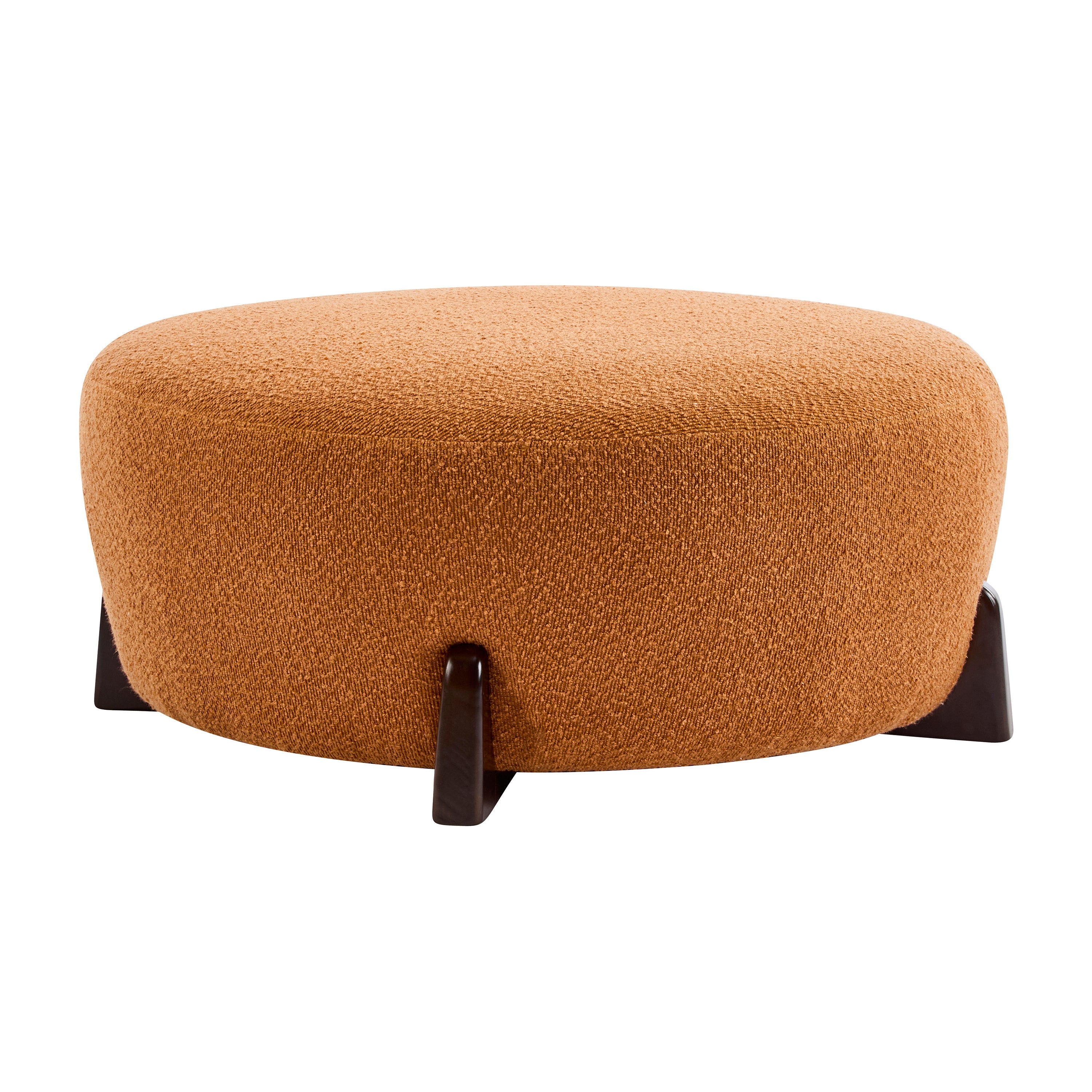 Modish Round Ottoman Boucle Top Splayed Rubberwood Legs, Pumpkin Orange