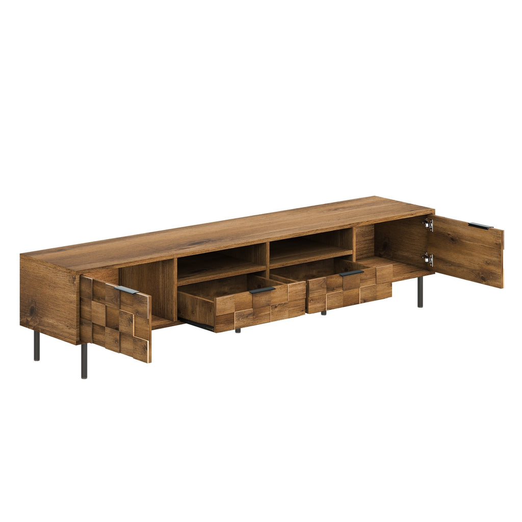 TV Stand Mid-Century Natural Particle Board 2-Drawer Open Storage Fits 85 In TV