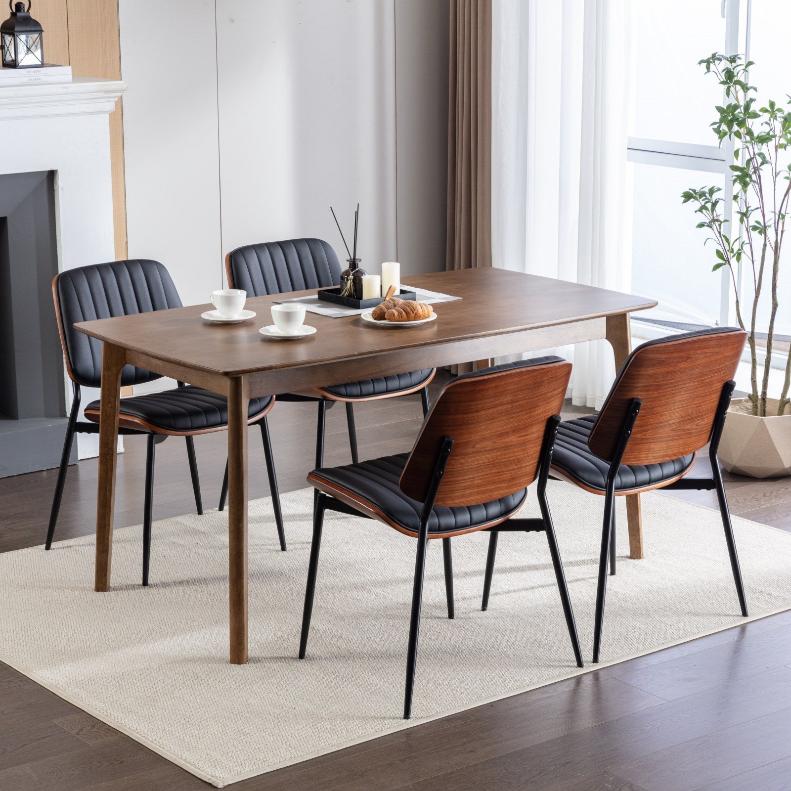 Dining Chairs Set of 2 Mid Century Modern Retro Faux Leather Chair with Walnut