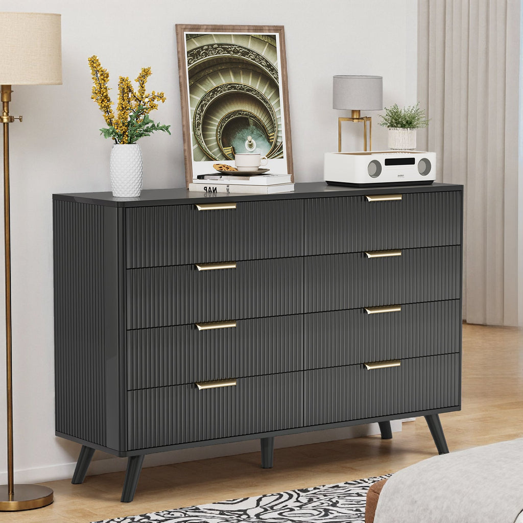 Dresser Boho 8-Drawer Black Particle Board Fluted Wave Relief 47.2x35.4 In
