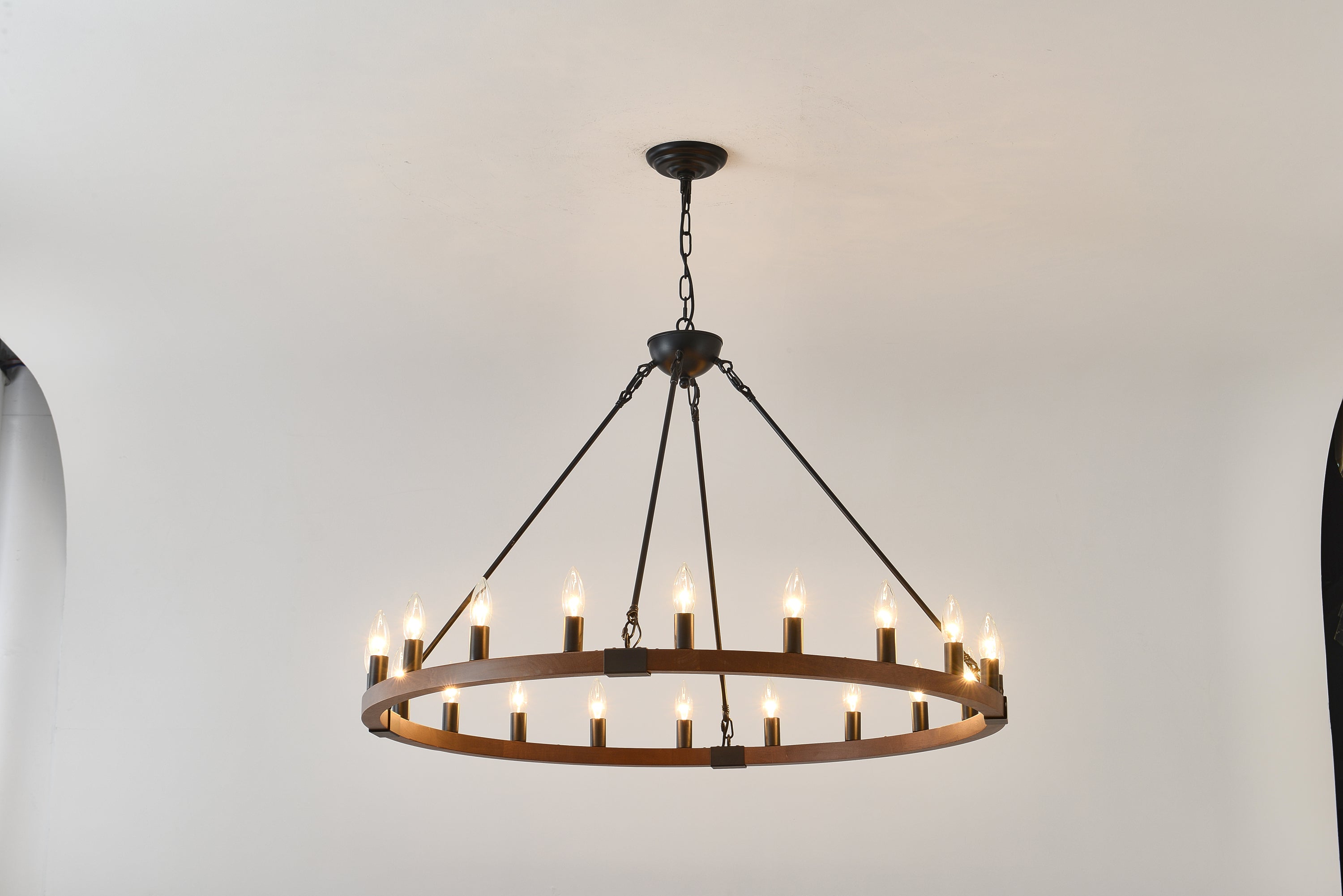 Chandelier Wood Wagon Wheel 20-Light Farmhouse Matte Black 39.3 In