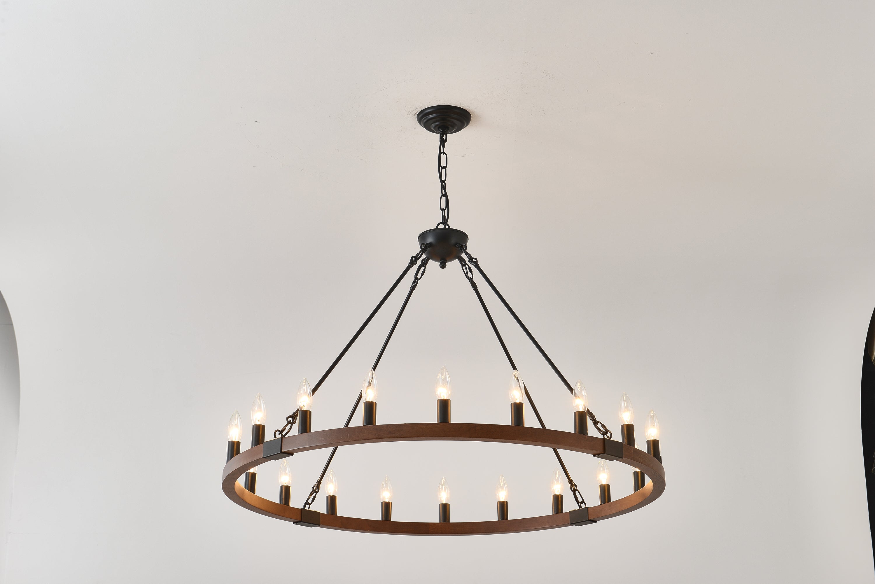 Chandelier Wood Wagon Wheel 20-Light Farmhouse Matte Black 39.3 In
