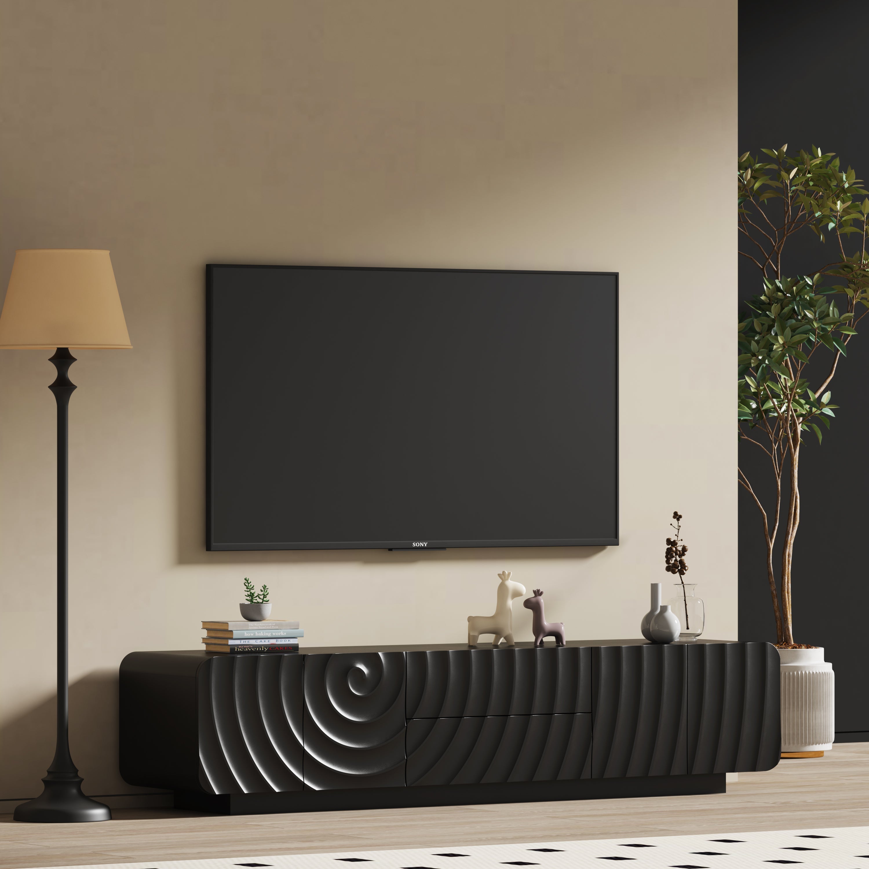 TV Stand Modern Spiral Wave Black MDF Floating Base Fits 85 In TV 70.9 In