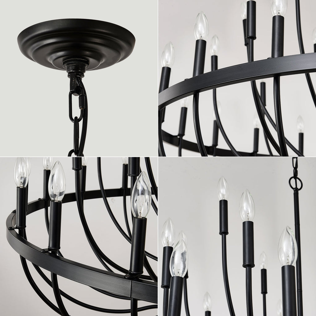 Chandelier 36-Light Black Industrial Iron Candle Farmhouse Pendant