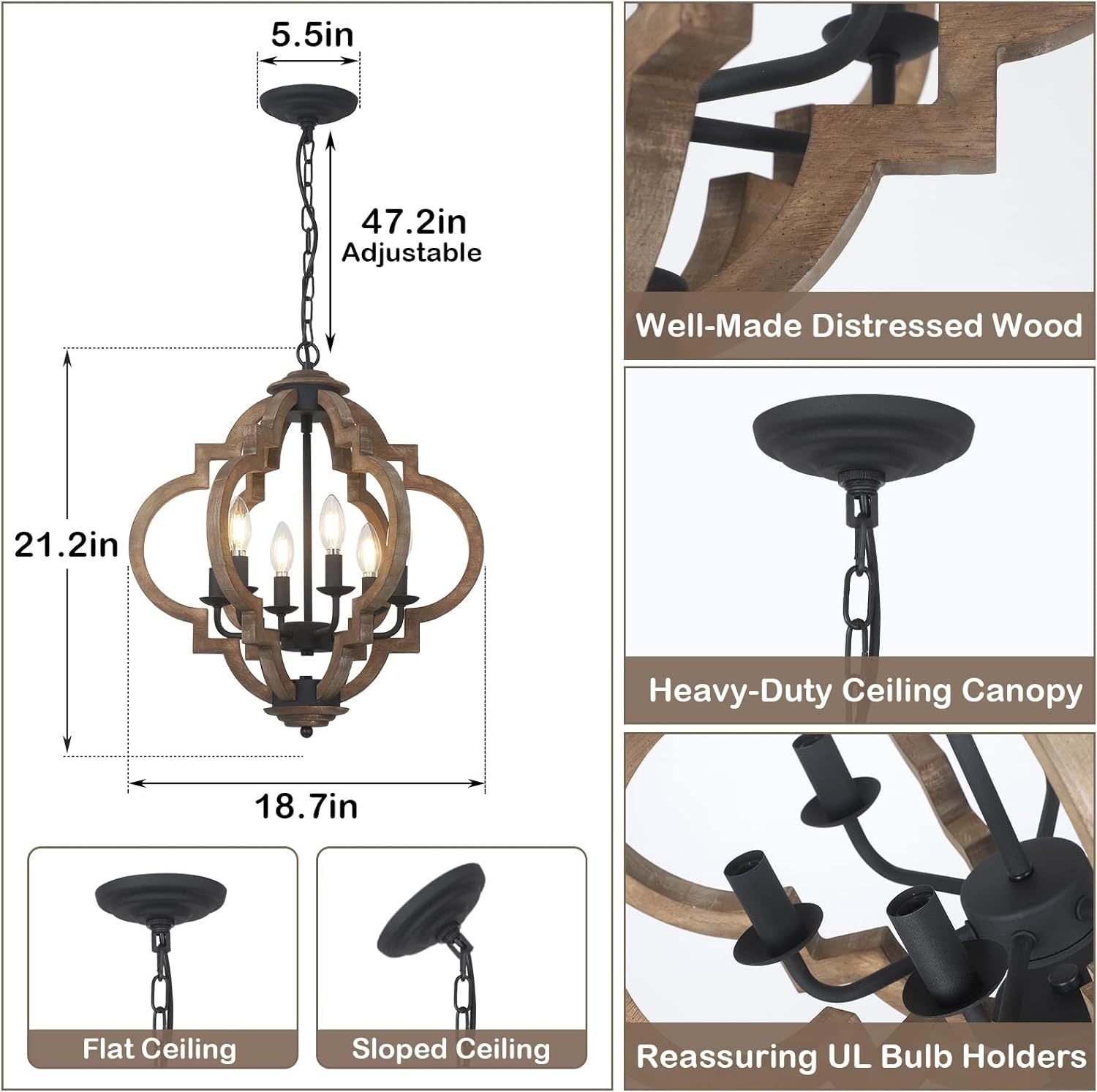 Chandelier Farmhouse 6-Light Rustic Wood Black Pendant Kitchen Island