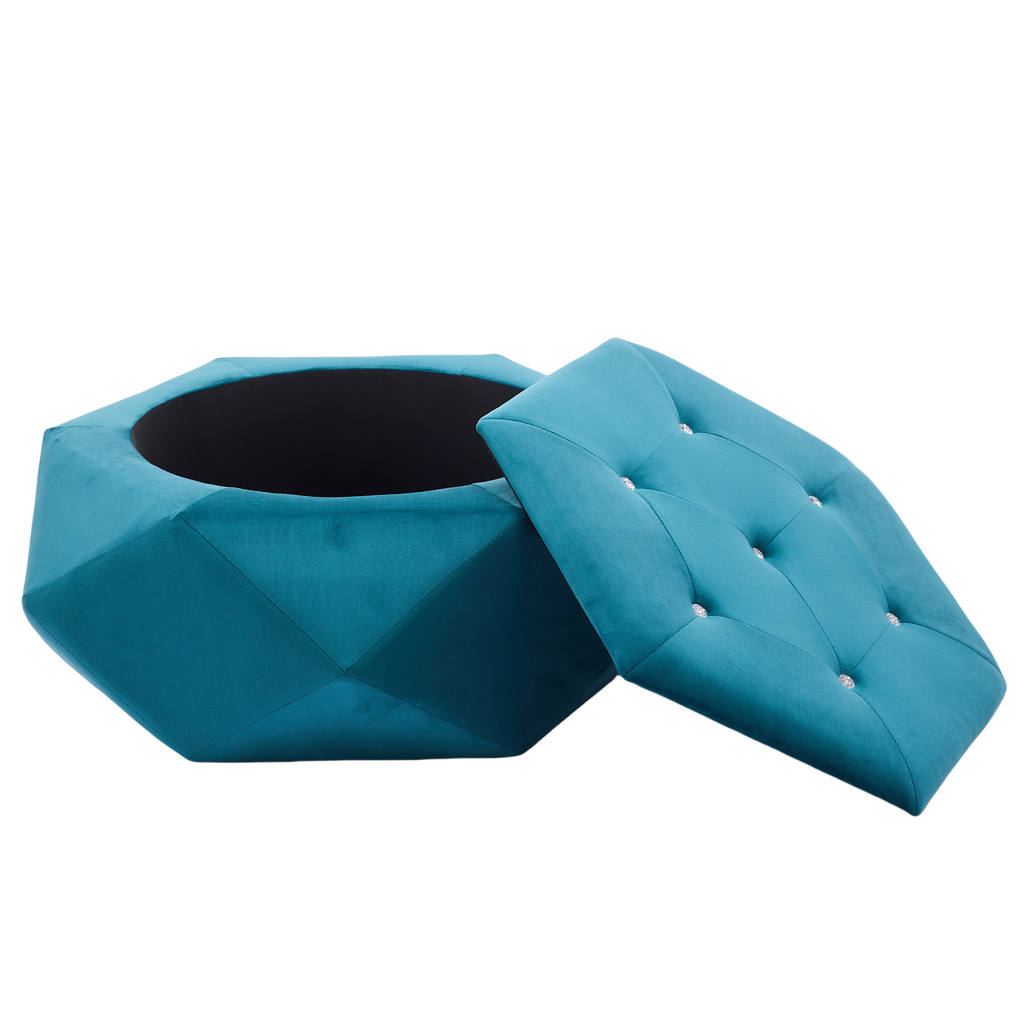 Elegant Velvet Polygon Diamond Tufted Storage Ottoman, Blue