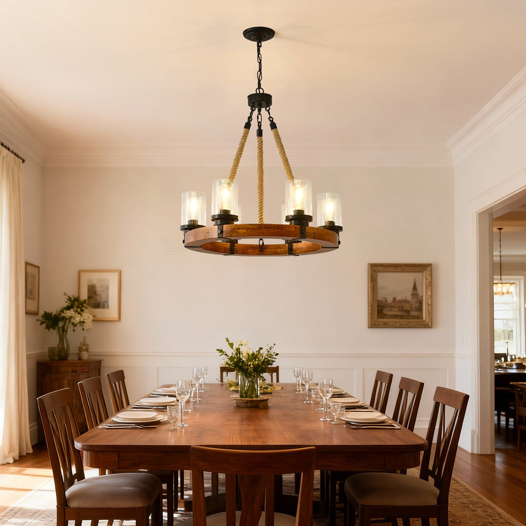 Chandelier Wood Round 6-Light Wagon Wheel Farmhouse Seeded Glass 23.62 In