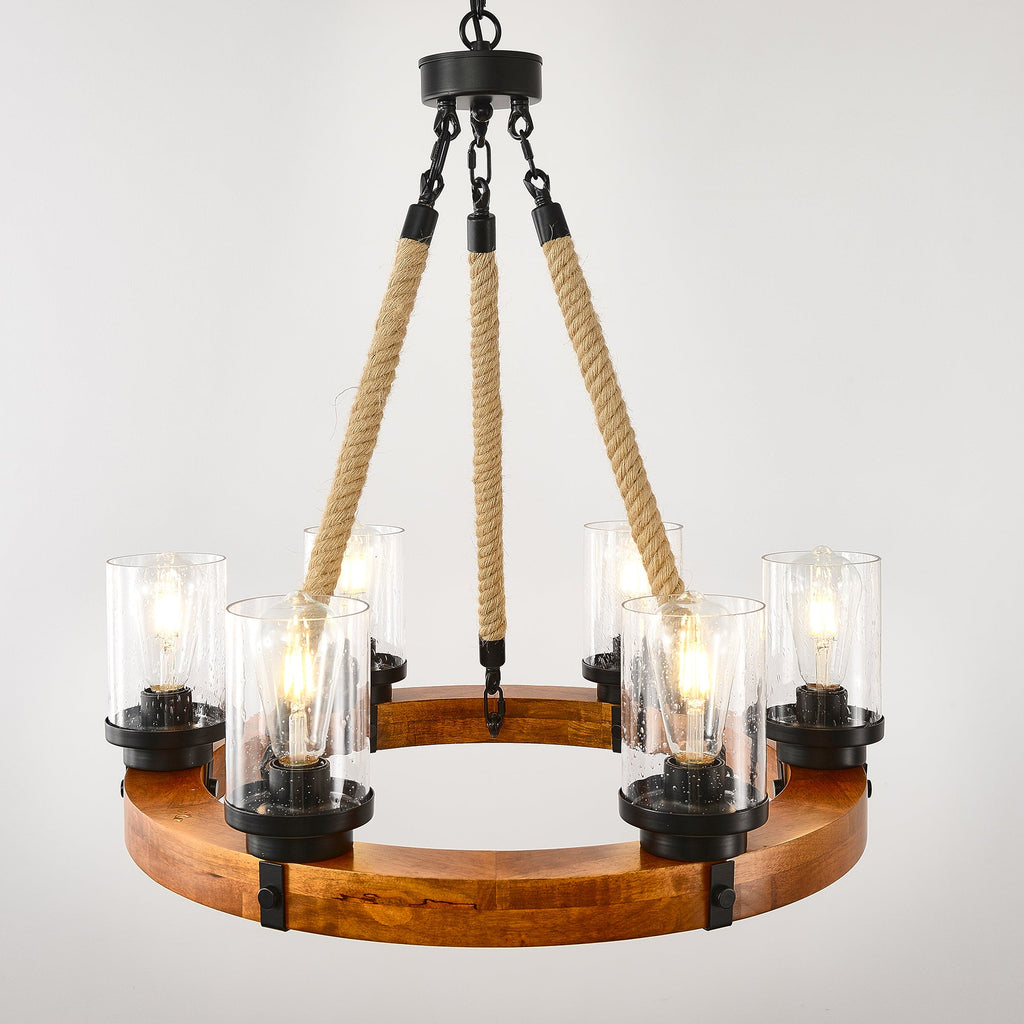 Chandelier Wood Round 6-Light Wagon Wheel Farmhouse Seeded Glass 23.62 In