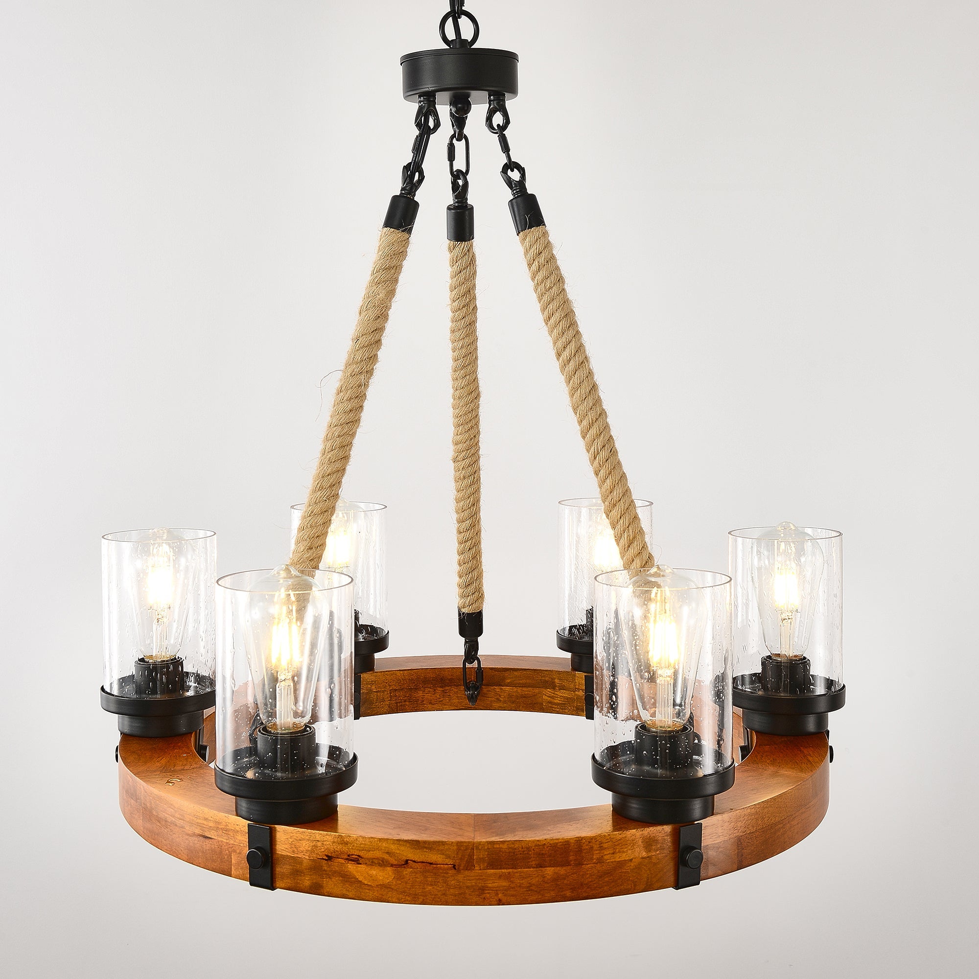 Chandelier Wood Round 6-Light Wagon Wheel Farmhouse Seeded Glass 23.62 In
