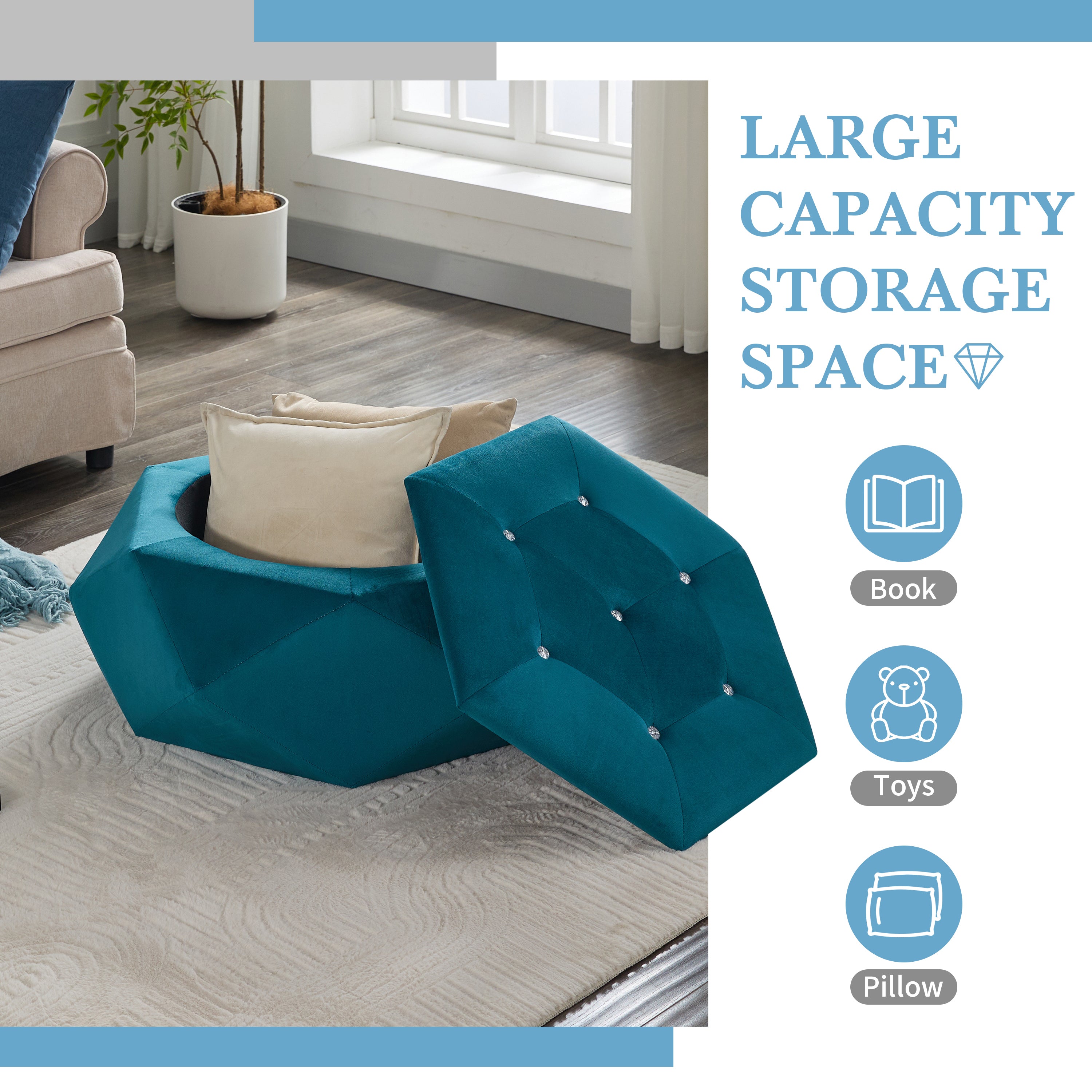 Elegant Velvet Polygon Diamond Tufted Storage Ottoman, Blue